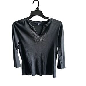 Chaps Women's Black 3/4‎ Sleeve Top with Eyelet Detail - Size Large